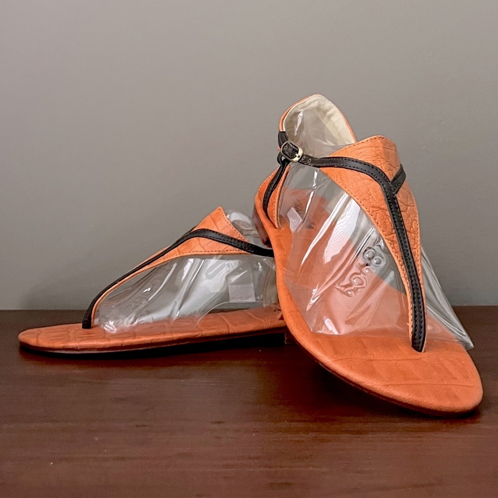 New - Cocobelle Thong Sandal - Embosed Orange Leather & Brown Accents - Size 9